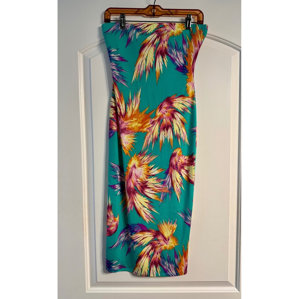 Black Bead Strapless Midi Dress M Teal Tropical Bodycon Tube Boho Festival